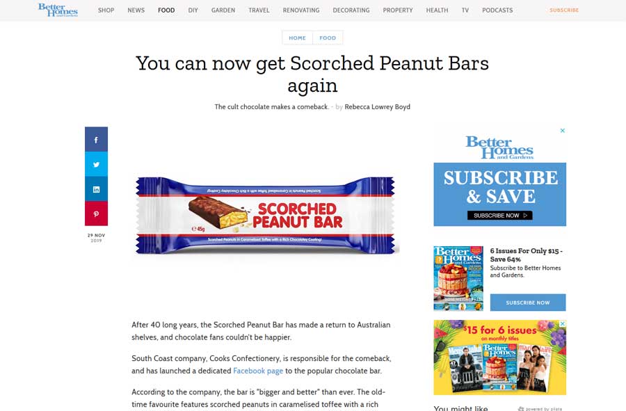 Better Homes - Scorched Peanut Bar Media Release Article