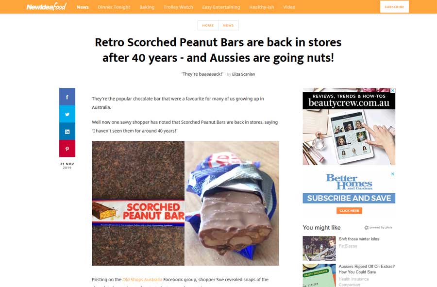 New Idea Food - Scorched Peanut Bar Media Release Article