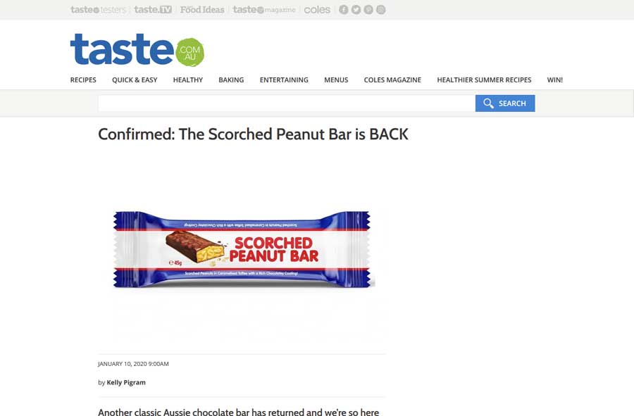 Taste.com.au - Scorched Peanut Bar Media Release Article