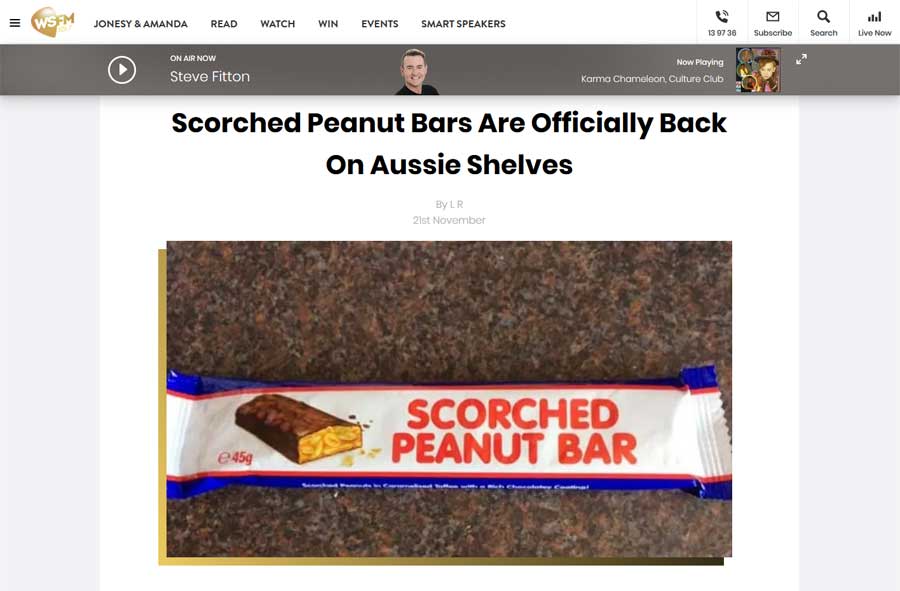 WSFM - Scorched Peanut Bar Media Release Article